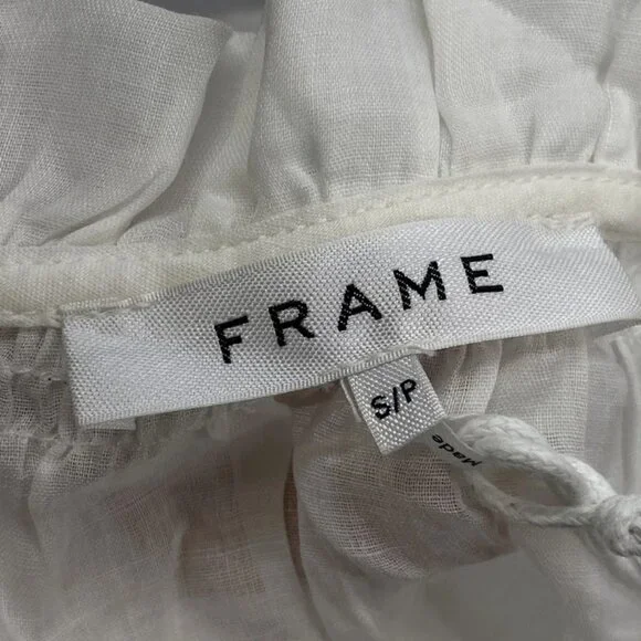 FRAME Women's Tie Neck Ruffle Popover Blouse White Size S